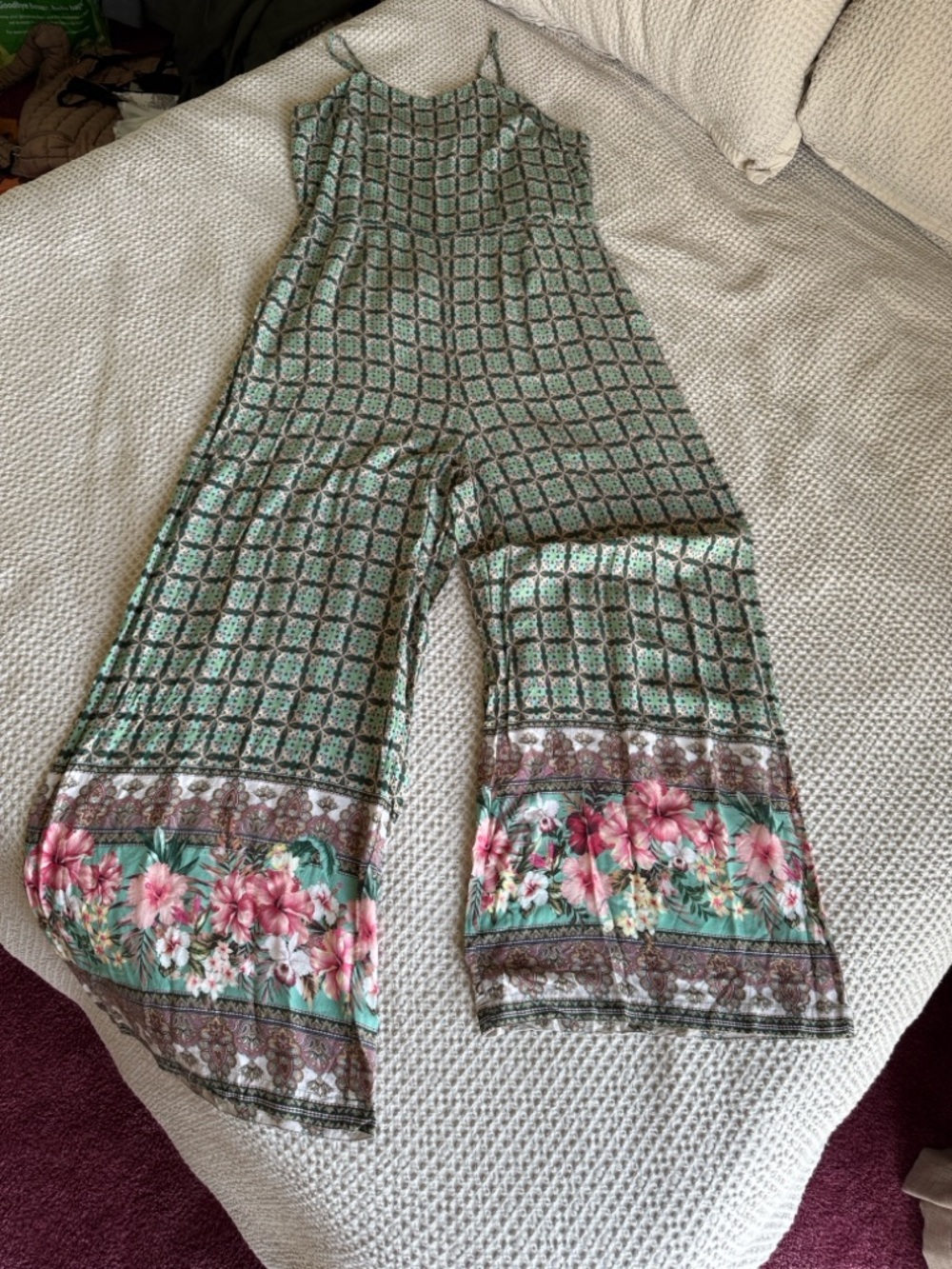 Farm Rio Green Floral Print Honolulu Wide Leg Pant Jumpsuit size Large